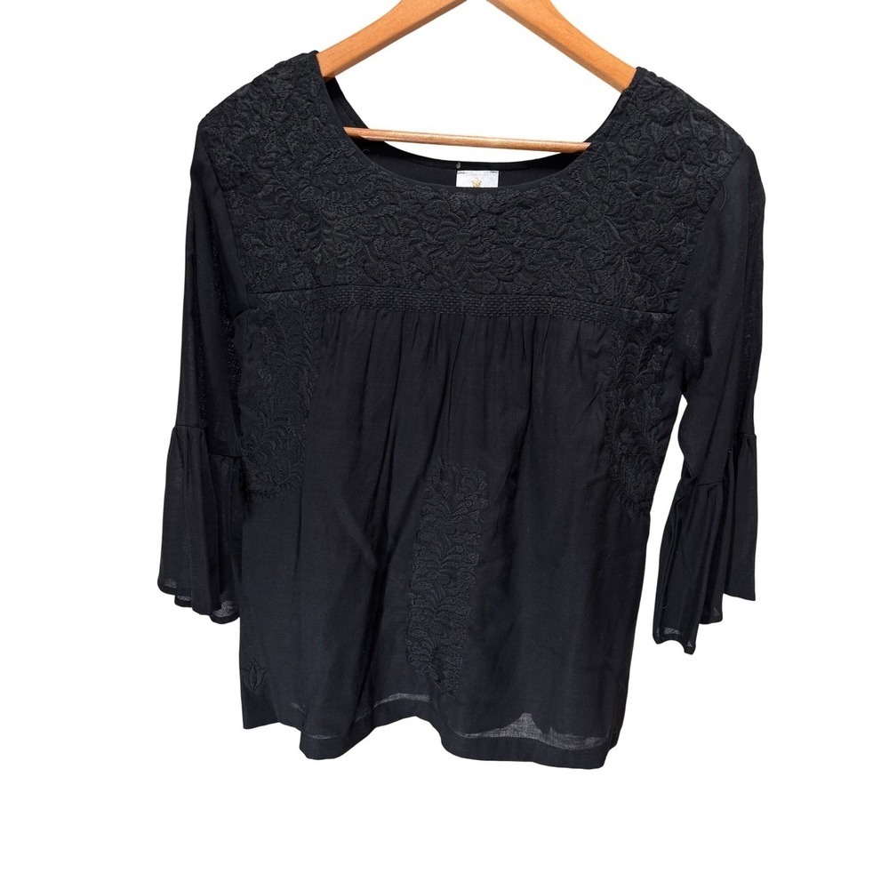 J. Marie Embroidered Blouse Womens XS Black Bell Sleeve Boho Rayon Linen Peasant